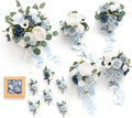 Ling's moment Wedding Artificial Flowers Package, Bridal Bouquet, Bridesmaid Bouquets, Boutonniere for Men, Rose Petals.Blue