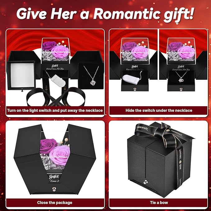 2 Preserved Rose Gift for Women - Eternal Rose with I Love You Necklace - Romantic Birthday Gifts for Girlfriend Mom Her Wife Grandma on Valentines Mothers Day Anniversary Christmas-Purple