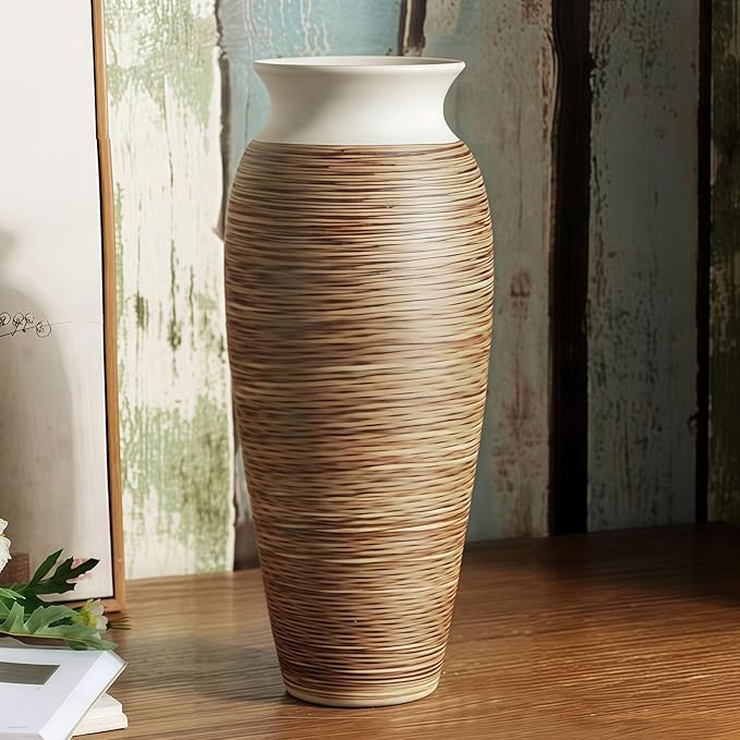 Ceramic Rustic Farmhouse Vase, 12.6" Large Vintage Flower vase Home Decor, Tall Boho Decorative Vases for Living Room, Table, Mantel, Shelf and Centerpieces Decor and Housewarming (D)