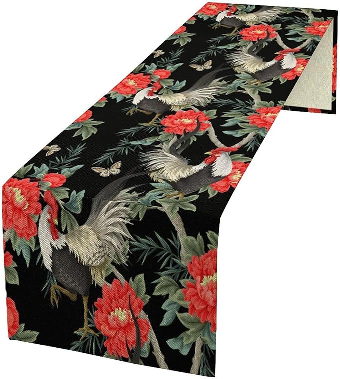 Rooster Floral Table Runner Vintage Farm Chicken Peonies Flower Dinner Runner for Country Farmhouse Home Kitchen Dinner Table Holiday Party Decoration 13x70in
