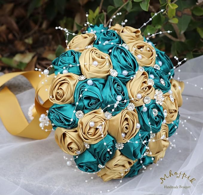 Bridal Wedding Bouquet Round Bling Brooch Bouquet Throw Toss Artificial Rose Flower Bunch for Bride Bridesmaid Wedding Quinceanera(Dark Green & Gold, 9.8")