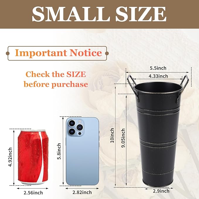 8pcs Small Galvanized Vase,Small Metal Vases Home Décor,Black Rustic Farmhouse Flower Vase,Rustic Vases for Centerpieces,Galvanized Metal Bucket with Handles (Black,10'' Height,Set of 8)