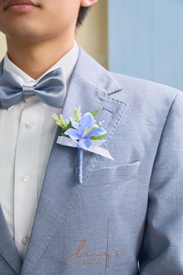 Ling's moment Boutonniere for Men, 6pcs Groom Groomsmen Boutonniere, Artificial Flowers for Wedding Decor/Prom/Homecoming, etc.Provence Blue Berry