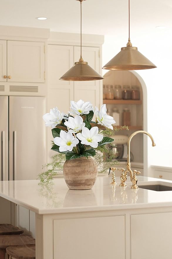 Briful Artificial Magnolia Flower Stems – 3PCS 29.5" Tall Faux White Magnolia Branches with Silk Flowers Realistic Floral Arrangements for Home Wedding Bouquets Vase Farmhouse Decor