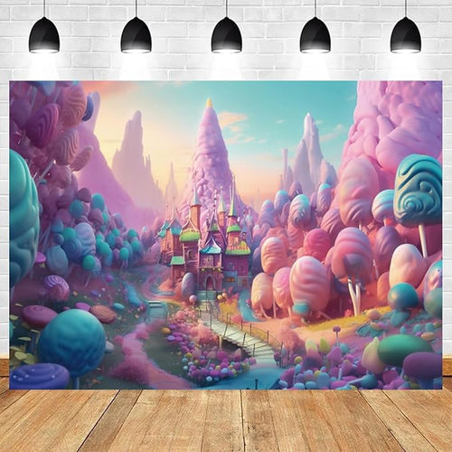 10x6.5ft Candyland Backdrop Fantasy Candy Castle Photography Background Sweet Lollipop Dream Blue Sky Cartoon Kids Birthday Banner Decorations Baby Shower Newborn Portrait Photo Booth Prop