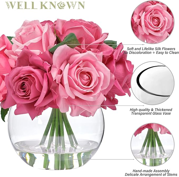 WELL KNOWN Artificial Flowers with Vase, Silk Rose Artificial Flowers Table Centerpieces with Faux Water for Home Decoration Fake Roses Flower Arrangements for Table Decor (Fuchsia)