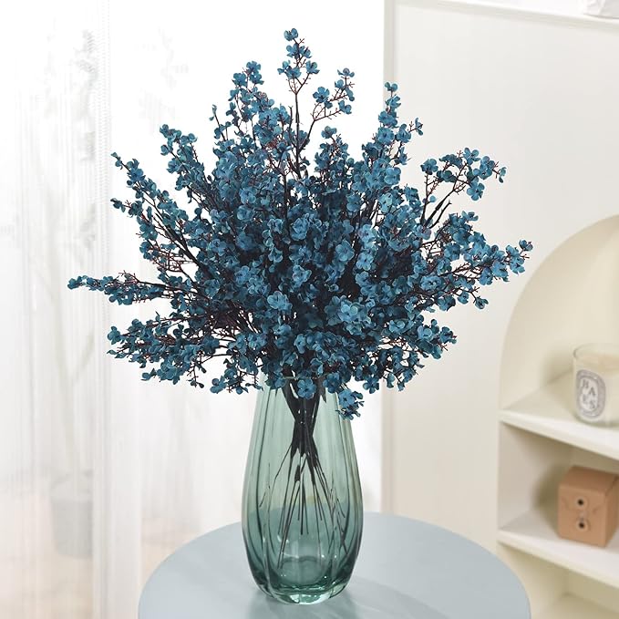 15PCS Artificial Baby Breath Flowers Fake Silk Real Touch DIY Floral Bouquets Decor Wedding Party Decoration Arrangements-Teal Blue
