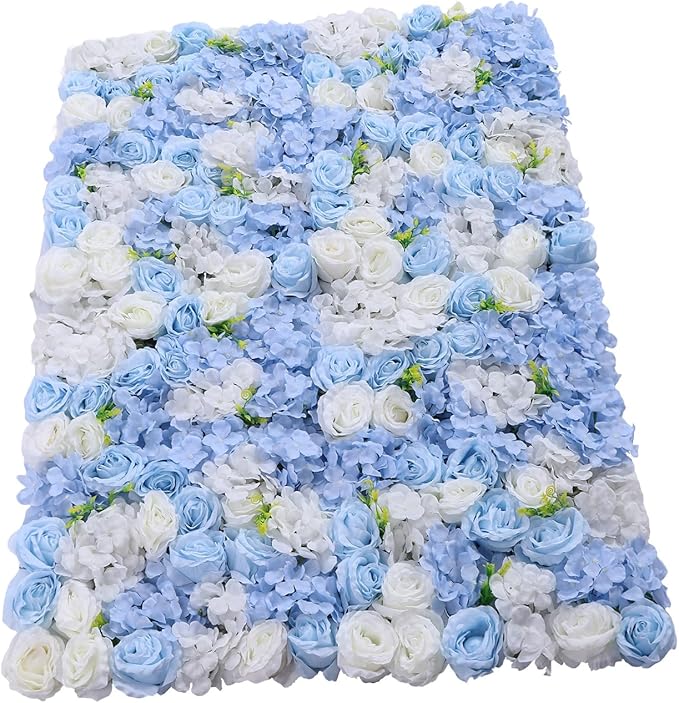 4pcs 3D Artificial Flower Wall Panels - Blue White Backdrop 24 x 16 Inch - Realistic Fake Flower Background Decor for Wedding, Birthday Party and Baby Shower