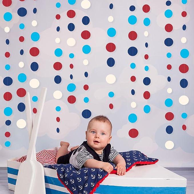 Nautical Party Decorations Circle Dot Garland Navy Blue Red White Hanging Paper Polka Dot Streamer for Nautical Pirate Ahoy Achor Baby Shower Birthday Wedding Bridal Shower Bachelorette Party Supplies