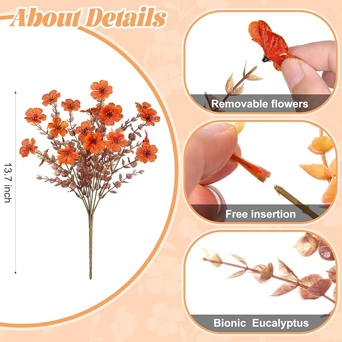 Fall Mums Artificial Flowers for Outdoors Potted, 12 Bundles Fake Fall Daisy Flower with Realistic Eucalyptus Leaves, Fake Plants for Greenery Boxwood Porch Patio Garden Pot Courtyard Lawn