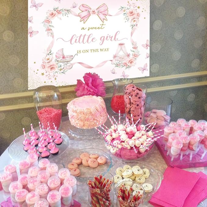 Pink Floral Baby Shower Backdrop Bow Flowers A Sweet Little Girl is on The Way Photography Background Princess Bowknot Girl Gender Reveal Party It’s a Banner with Copper Grommets