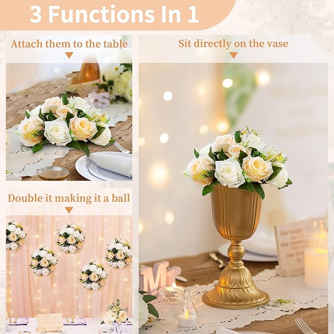 NUPTIO Artificial Flower Centerpieces for Tables: 10 Pcs Peachy Champagne & White Flower Ball Arrangement for Wedding Party - 9.5 Inch Diameter Floral Rose for Bridal Shower Decor