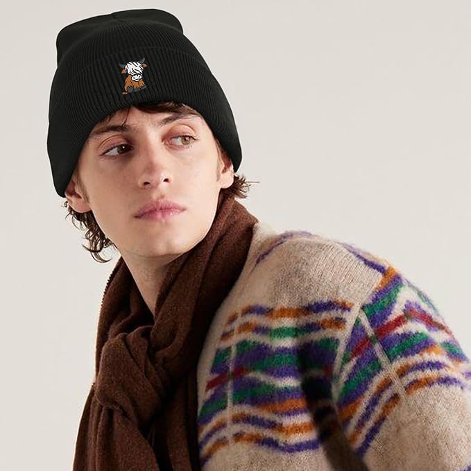 Scottish Highland Cow Beanie Hat, Cute Funny Cow Embroidery Winter Knit Skull Cap for Adult Men Women