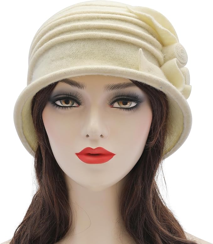 ZLYC Women Wool Cloche Bucket Hat 1920s Vintage Dress Winter Hats with Flower Accent