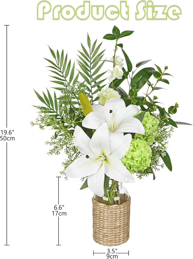 Hollyone Fake Flowers with Vase, Easter Lily Flowers, White Silk Tiger Lily and Hydrangea Artificial Flowers in Vase, Faux Plants and Flowers Arrangement Bouquets for Table Centerpieces Home Decor