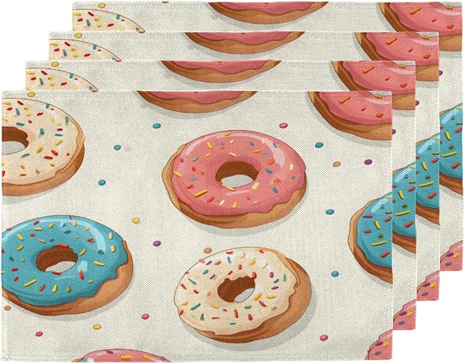 Donuts Placemats Set of 6, Washable Linen Place Mats, Food Donut Table Mats for Kitchen Dining Table Decor Heat Resistant Tablemats 12x18