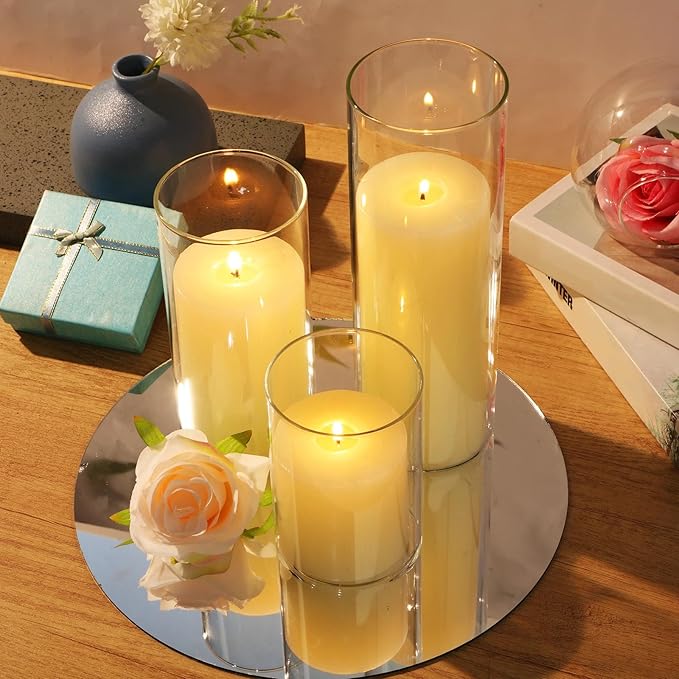 Shihanee 36 Pcs Pillar Candles with Glass Cylinder Vases Tall Hurricane Candle Holders Cylinder Vases for Centerpieces Wedding Party Decor, Total 18 Sets(Clear,Ivory White)