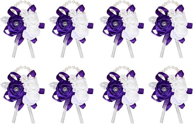 MECCANIXITY 8Pcs Wrist Corsage Artificial Flower Bracelets Rose Wrist Bride Groom Decorative for Wedding Ceremony Prom Party Anniversary Purple