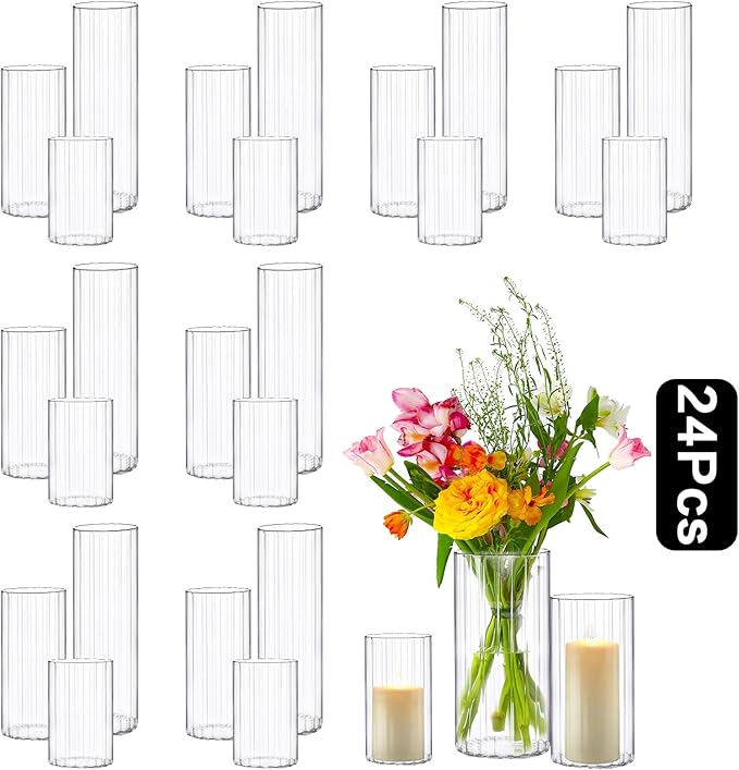 PHOSPHOR 24 Pcs Hurricane Candle Holders for Pillar Candle 6'', 8'', 10'' Tall Glass Cylinder Centerpieces Vases Floral