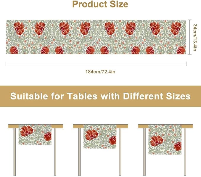 William Morris Table Runner, Retro Red Flowers Green Botanical Country Farmhouse Tabletop Decoration for Kitchen Dining Home Party 13x90 Inch