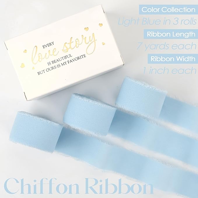 MEEDEE Light Blue Chiffon Ribbon 1 Inch Fringe Ribbons Baby Blue Chiffon Silk Frayed Edge Ribbon Thin Chiffon Ribbons for Crafts, Gift Wrapping, Wedding Invitation (3 Rolls 21 Yards)