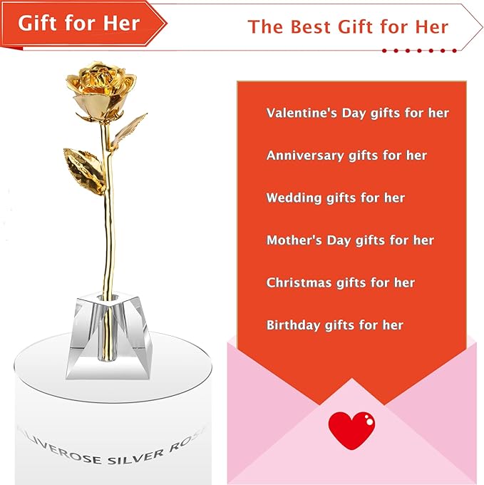 AliveRose Deluxe Golden Rose, Gold Dipped Rose Made from Real Rose Gift for Her on Wedding Anniversary Valentines Mothers Day (Deluxe Golden with Crystal Vase)