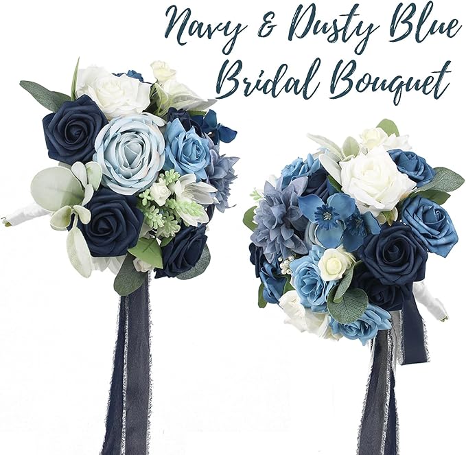 Rinlong 10.6 Inch Wedding Bouquets for Bride Navy Blue Bridal Bouquet for Wedding Artificial Flowers Silk Bouquet