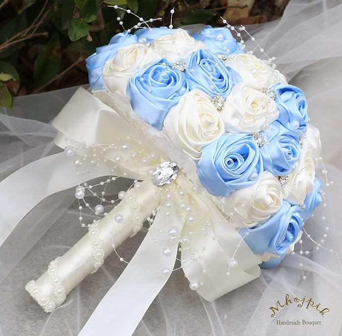 Bridal Wedding Bouquet Round Bling Brooch Bouquet Throw Toss Artificial Rose Flower Bunch for Bride Bridesmaid Wedding Quinceanera(Light Blue & Ivory, 6.3")