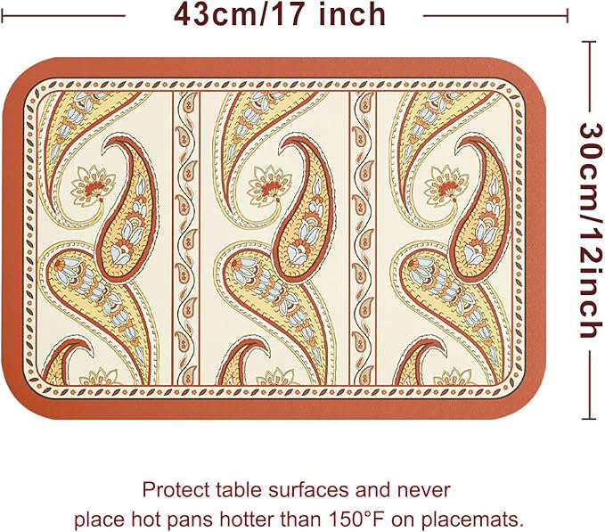 ISAENNE Designer Paisley PVC Placemats Set of 6, Red Classic Pattern Rectangular Placemat, Waterproof and Heat-Resistant Paisley Style,Decoration for Kitchen,Party,Dinning, New Year,12"*17"