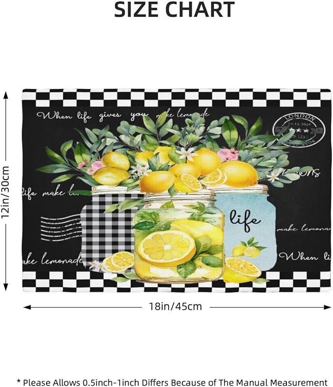 Lemon Fruit Placemats, Watercolour Lattice Black Minimalist Fruit Lemon Flower Plant Print Washable Fabric Placemats Table Kitchen Dining Party 12x18 Inch Set of 4