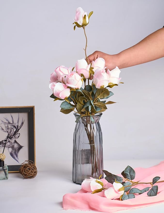 Rose Artificial Flower Buds 12pcs Realistic Faux Silk Roses Fake Flowers Bouquets Arrangements Decor for Wedding Spring Mother's Day, Home Table Decorations, Light Pink Flower