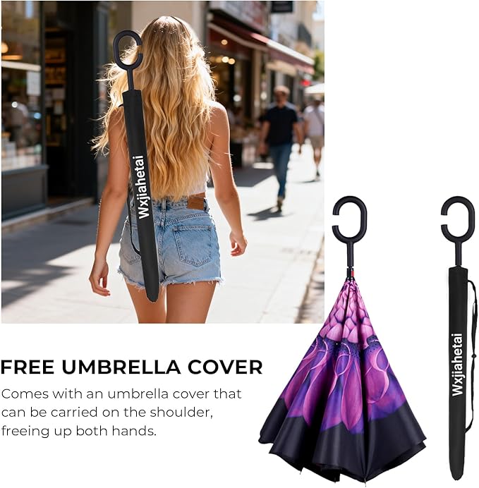 Inverted Umbrella, 49 Inch Double-Layer Vented Reverse Umbrella, Windproof Waterproof UV Protection, Lightweight C-Handle, Fiberglass Ribs, Steel Shaft, Travel/Commute/Car Use, With Sleeve