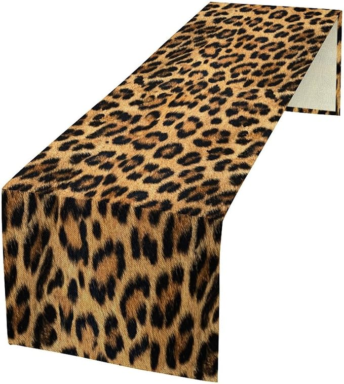 Leopard Skin Print Table Runner, Vintage Cottage Country Farmhouse Wildlife Brown Safari Animal Skin Dinner Runner for Home Kitchen Dining Table Party Holiday Decor 13x108in