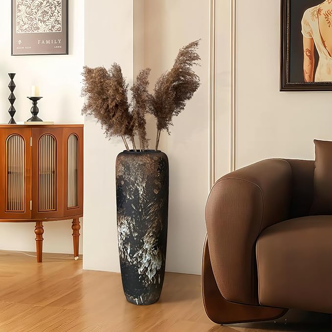 Rustic Ceramic Tall Floor Vase,23.6 Inch Black Large Pottery Farmhouse Decor Floor Vase for Living Room Entryway Table Centerpiece Decor,Vintage Terracotta Vases,Wedding Gift