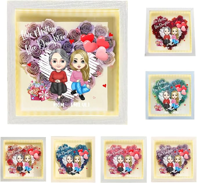 Personalized Mom Flower Shadow Box with LED Light Custom Heart Shaped Rose Flower Shadow Box Frame Like Mother Like Daughter Mother's Day Portrait Shadowbox Memory Gifts for Mom from Daughter