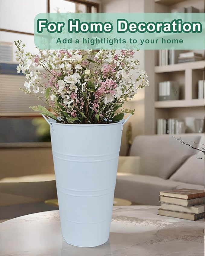 12 Inch Galvanized Metal Vases for Flowers - 6 Pcs Farmhouse Decorative Tall Flower Bucket with Handles, Rustic French Tin Planter Buckets for Wedding Decor (Pure White)