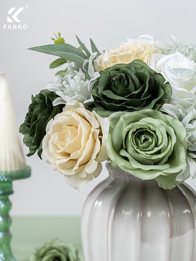 FANKO Artificial Flower Fake Rose Combo, 5 Mixed Silk Flowers Bouquet Dark & Light Green Rose Cream Roses, Light Gray Dahlia for DIY Wedding Bridal Bouquets/Centerpieces/Home Decorations
