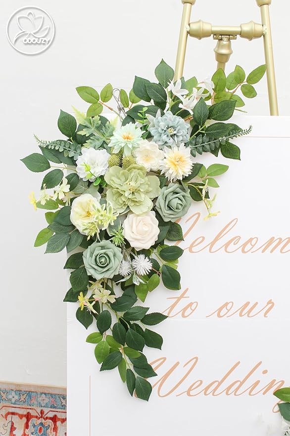 Pack of 2 Wedding Arch, Artificial Flowers, Wedding Decor，Flower Garland Be Suited to Banquet, Party, Reception Entrance Welcome Sign and Background Decoration (White Green)