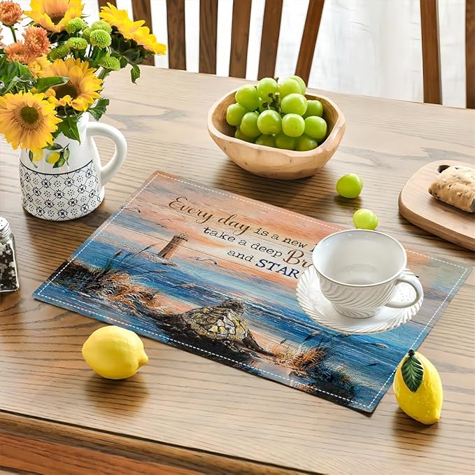 Sea Turtle Beach Summer Placemats Set of 4 Coastal Lighthouse Nautical Inspirational Quotes Double-Sided Table Mats for Dining Room Home Party Indoor 4 PCS 12x18 Inch