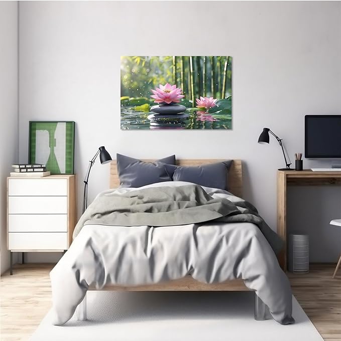 Ethereal pink lotus on obsidian Sunlit bamboo forest with sparkling water drops Poetic nature inspired wall art for tranquil homes and mindful spaces 24x36in Frameless