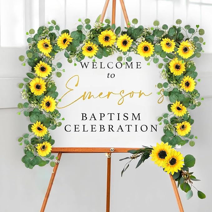 SOMYTING Artificial Sunflower Garland, 4 Packs 6ft Silk Sunflowers Vines Hanging Flowers Garland with Green Leaves for Party Baby Shower Birthday Wedding Room Decor (4PCS)