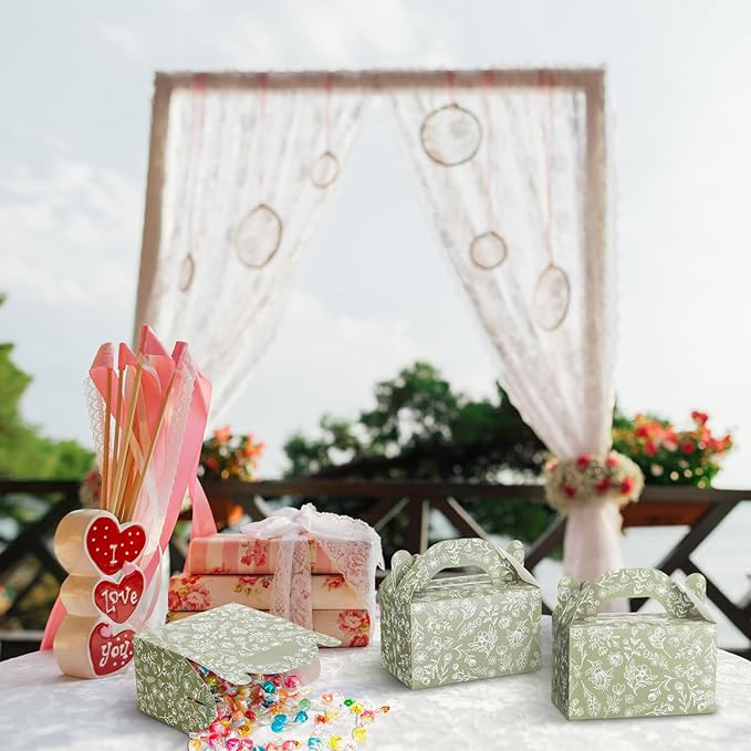Dunzoom 24 Pack Green Floral Paper Gift Boxes Party Favor Gift Gable Boxes with Chinoiserie Floral Printed Candy Treat Box for Wedding Birthday Tea Bridal Shower Party