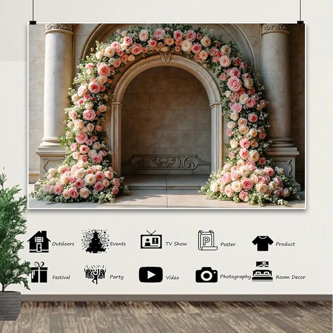 7x5ft Vintage Pink Roses Floral Backdrop Retro Palace Wall Flowers Arch Photography Background for Wedding Mothers Day Valentines Day Bridal Birthday Princess Couples Women Portraits