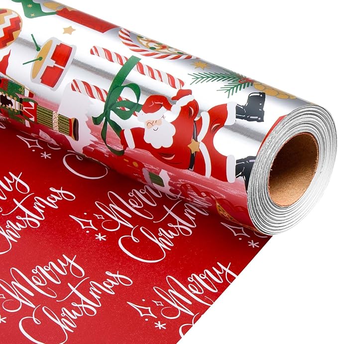 MAYPLUSS Christmas Nutcracker Wrapping Paper - 17 Inch X 33 Feet - Metallic Silver Christmas Tree Santa Claus Candy Cane Reversible Snowflake Gift Wrapping Paper for Holiday Party New Year Kids