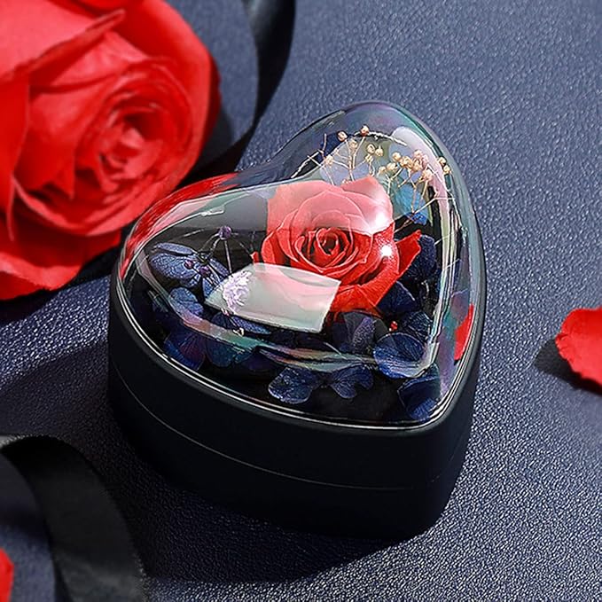 Preserved Flower Rose Pendant Box, Heart Shape Velvet Jewelry Box for Valentine's Day Mother's Day Wedding Anniversary Birthday Gift, Dark Blue