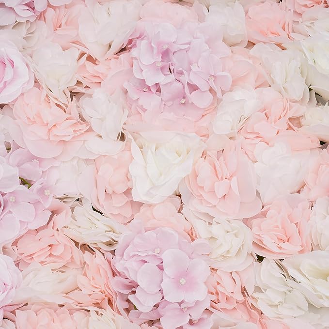 CNCEST Artificial Flower Wall Panels, Flower Wall Mat Silk Rose Flower Panels, Artificial Flower Wall Background (Green+White+Pink)