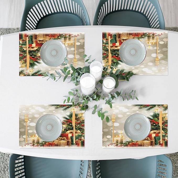 Xmas Christmas Tree Green Placemats Set of 1 PVC Vinyl Non Slip Table Mats Heat Resistant Place Mats Washable Wipeable Dining Table Mat for Kitchen Decor Party Indoor Outdoor Decorative Gift