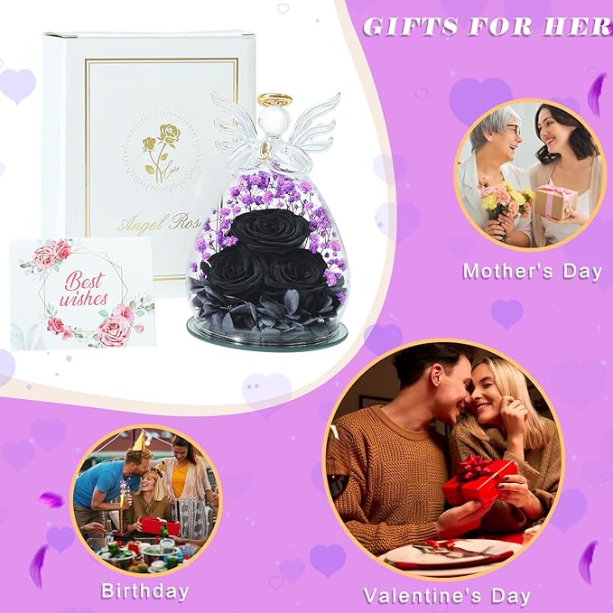 Beferr Christmas Birthday Gifts for Women, Mom Gifts for Christmas Fresh Flowers for Delivery Prime Forever Preserved Rose in Glass Angel, Xmas Gifts for Grandma Wife Sister Her, Black & Purple
