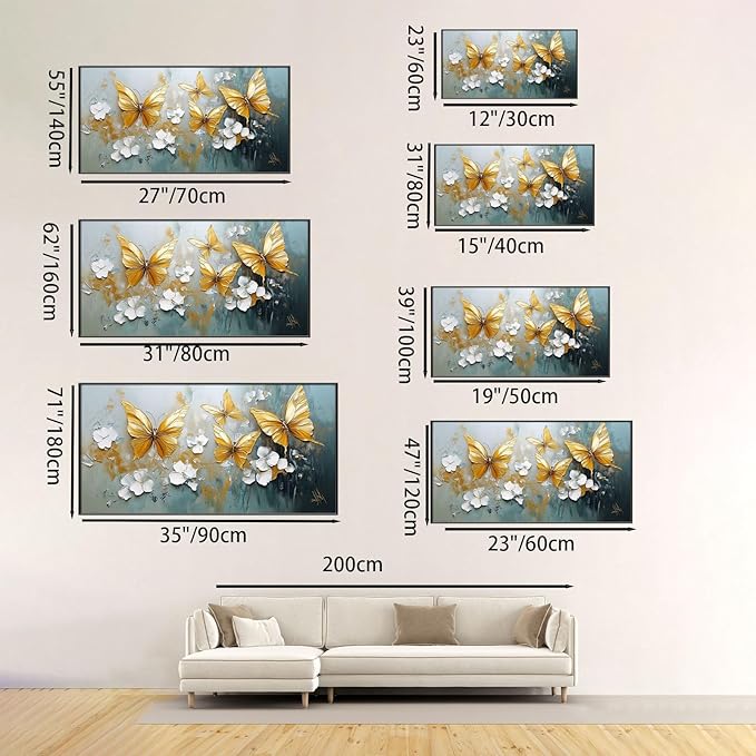 Butterfly Canvas Wall Art, Butterfly and Flower Wall Decor, Butterfly Prints, Abstract Textured Canvas Wall Art, Artwork for Walls, Oil Painting Wall Art, Wall Decor Living Room (Gold Frame, *71"x35"|180x90cm)