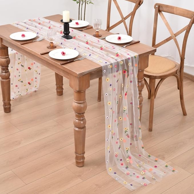Joanlody 3pcs Ivory Embroidery Daisy Christmas Table Runner 10ft Florals Seasonal Tulle Table Runner Holiday Kitchen Dining Table Decoration for Home Party Indoor
